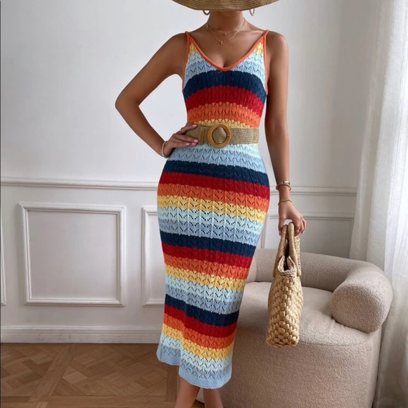 Boho Rainbow Color Block Knit Cami Dress NO BELT - Picture 7 of 7